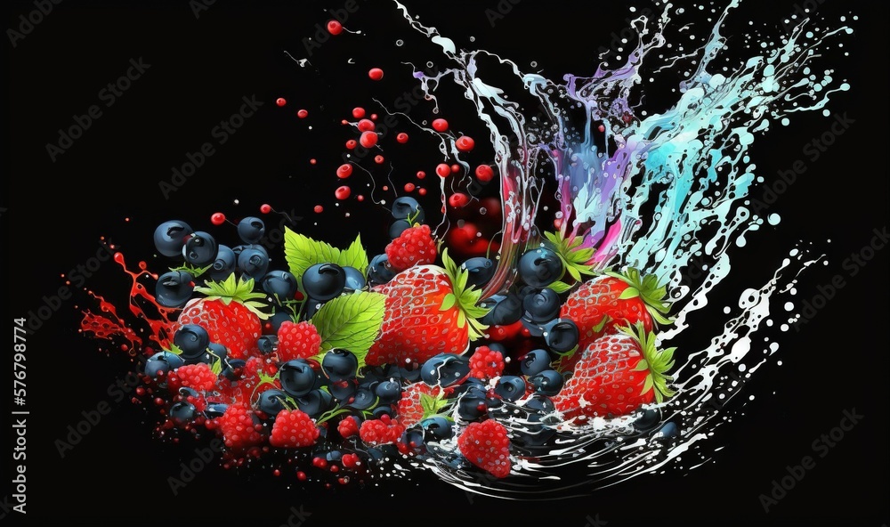  a bunch of berries splashing into the water with a splash of water on top of them and on the bottom