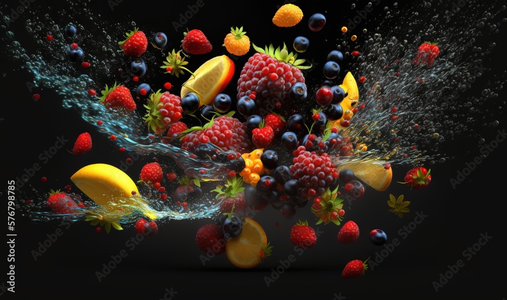  a bunch of fruit is splashing out of water on a black background with a splash of water on the top 