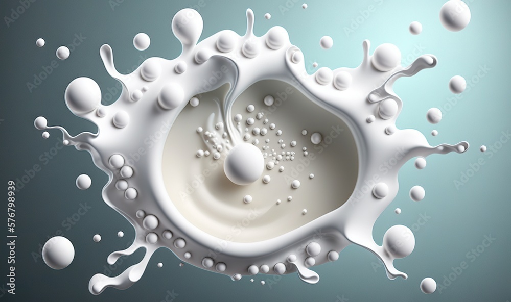  a milk splash with a white substance in the middle of it, on a blue background, with bubbles and a 