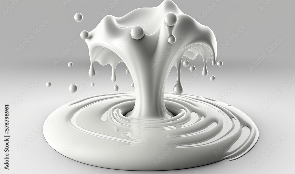  a white liquid splashing out of a puddle of liquid on a gray background with a drop of water on the