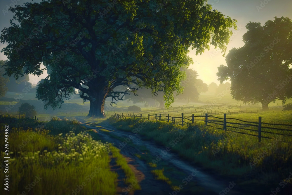 Idyllic rural landscape, trees, grass, soft light. Country farm scene. Generative AI