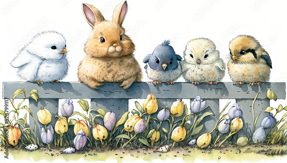  a painting of a bunny and her chicks on a fence with tulips and crocsants in the foreground and a b