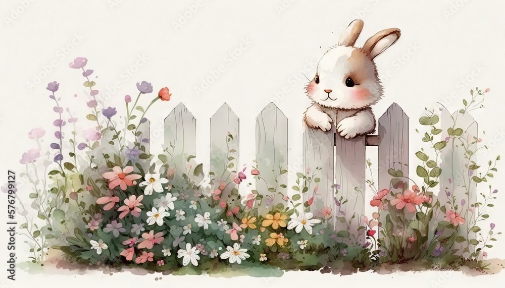  a painting of a bunny sitting on a fence surrounded by flowers and grass and flowers around it is a