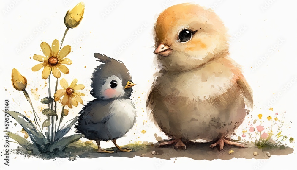  a watercolor painting of a chick and a chickling next to a plant with yellow flowers on the side of