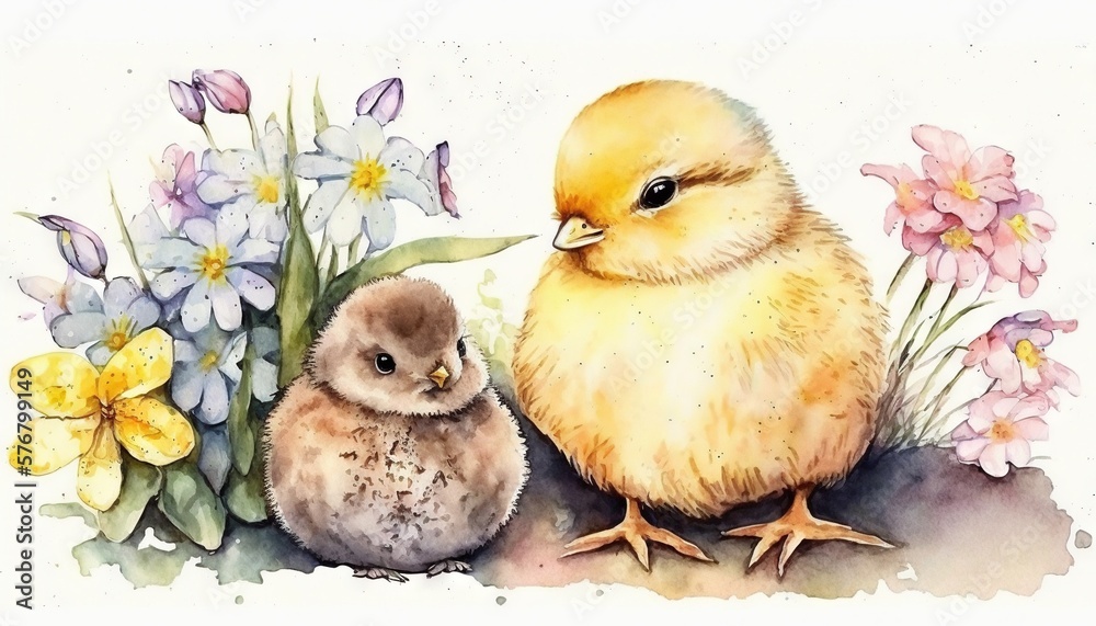  a watercolor painting of a chick and her chickling next to a bouquet of daffodils and daffodil flow