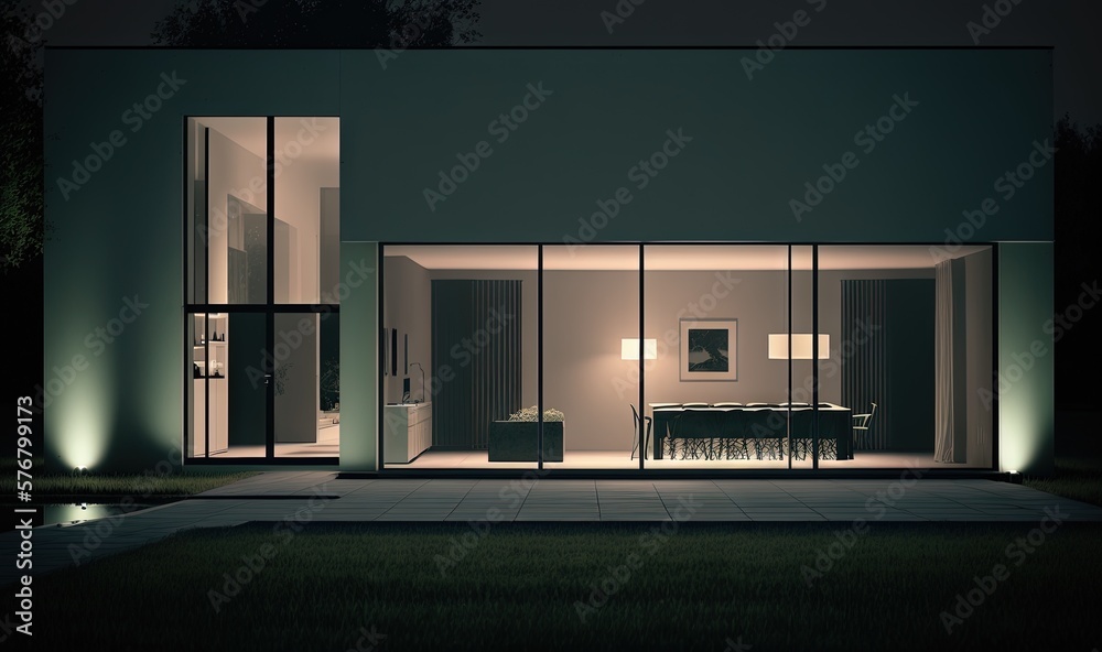  a house with a dining room and living room lit up at night with a table and chairs in front of the 