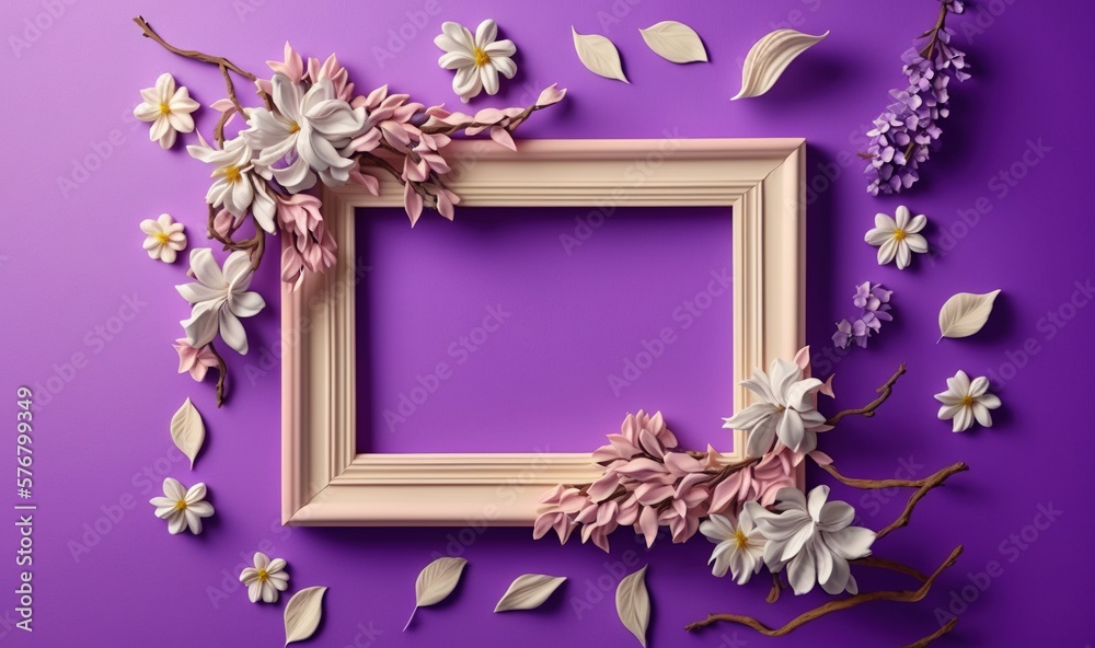  a picture frame surrounded by flowers and leaves on a purple background with a white frame in the m