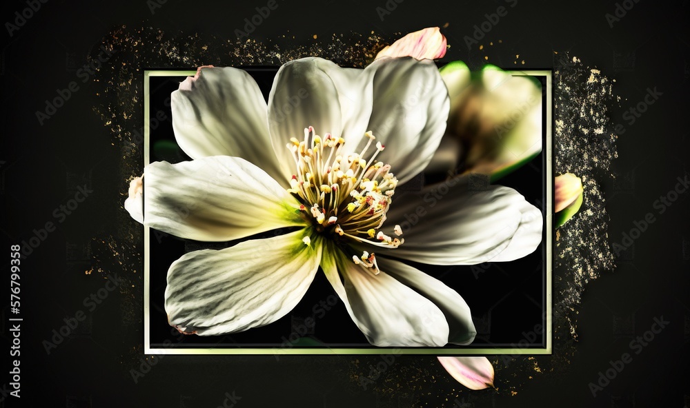  a white flower with yellow stamens in a square frame on a black background with gold flecks and a b