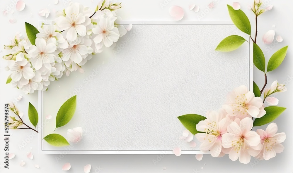  a white frame with pink flowers and green leaves on a white background with a place for a text or a