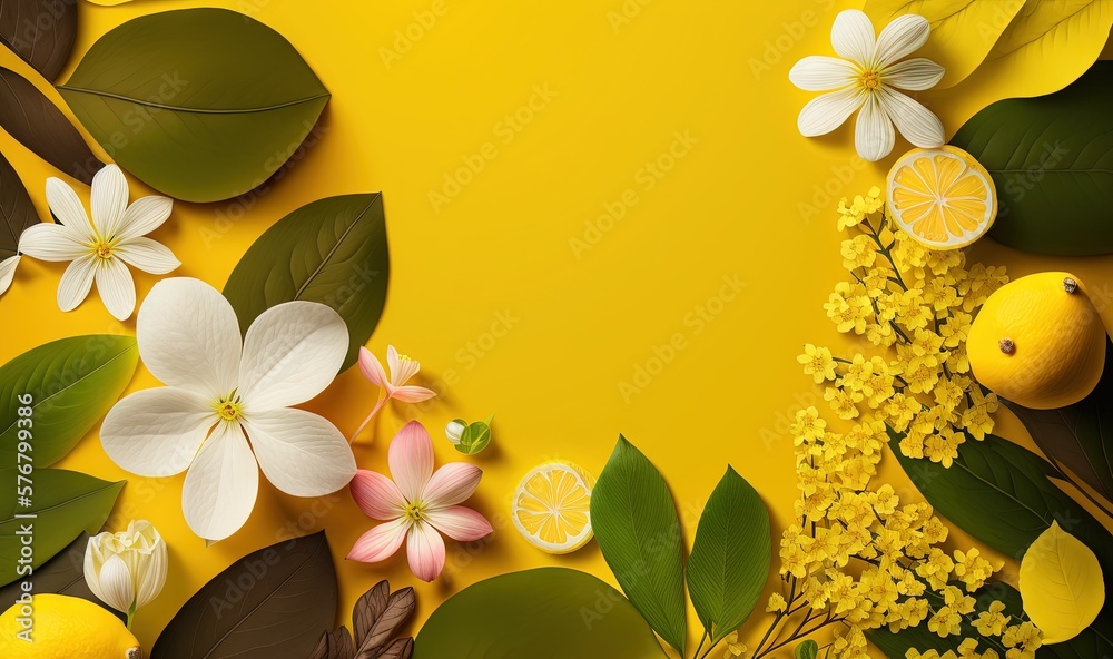  a yellow background with flowers, lemons, and leaves on a yellow background with a place for a text