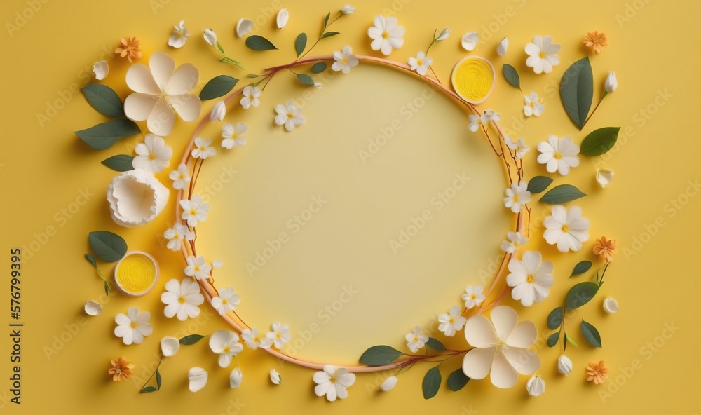  a yellow background with white flowers and green leaves on the bottom of the circle is a paper cuto