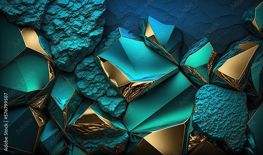  a blue and gold abstract wallpaper with a large amount of gold and blue shapes on its surface and 