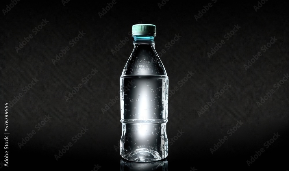  a bottle of water with a green cap on a black background with a reflection of the bottle in the wat