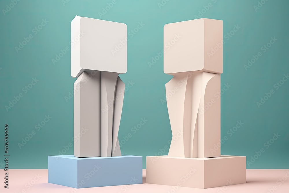 Two empty, white podiums are set against a beige background in this abstract illustration. Prototype