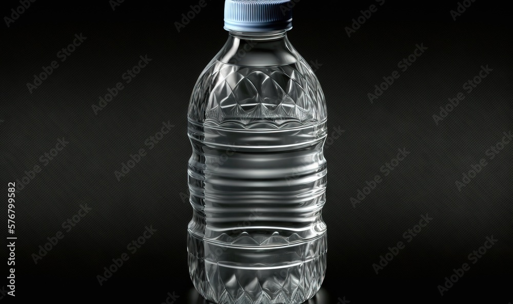  a bottle of water with a blue cap on a black background with a reflection of the water in the botto