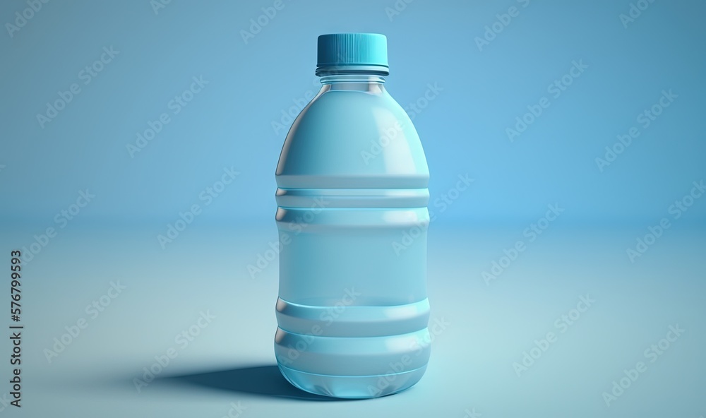  a plastic bottle with a blue cap on a blue background with a shadow on the ground and a light blue 