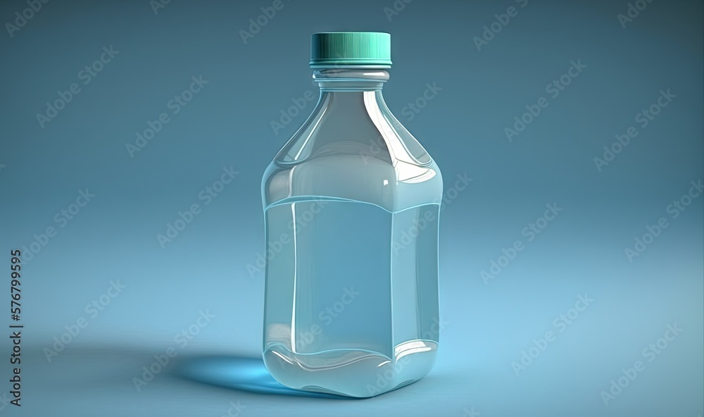  a bottle of water on a blue background with a shadow on the floor and a blue cap on the top of the 