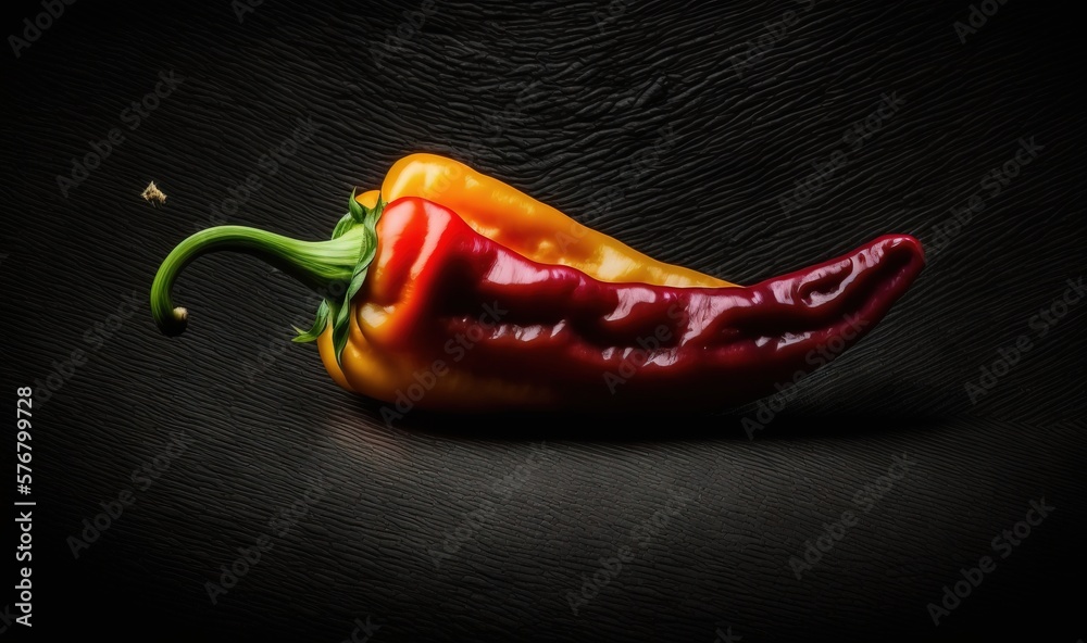  a red and yellow pepper on a black background with a black background and a black background with a