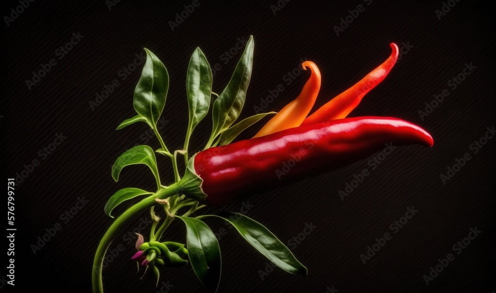  a red pepper and a yellow pepper with green leaves on a black background with a black background an