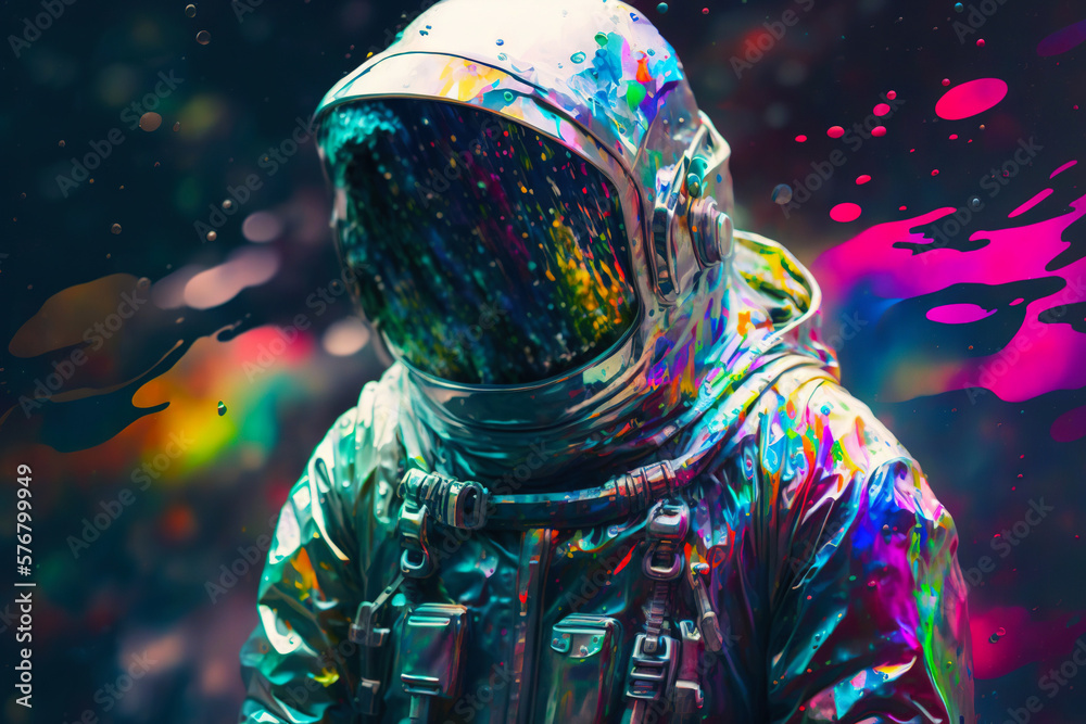 Colorful astronaut. Cosmonaut party. Generative AI