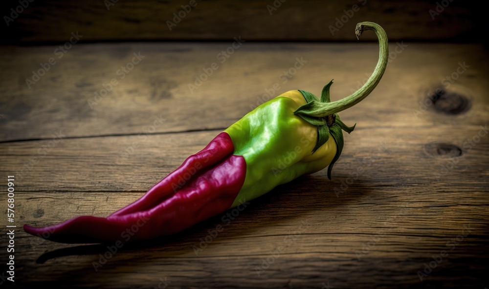  a green and red pepper sitting on top of a wooden table next to a wooden floor and a wooden table w