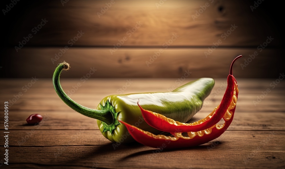  a couple of peppers sitting on top of a wooden table next to a pepper shaker with a pepper in its 