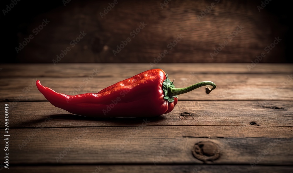  a red pepper sitting on top of a wooden table next to a wooden wall and a wooden floor with a woode