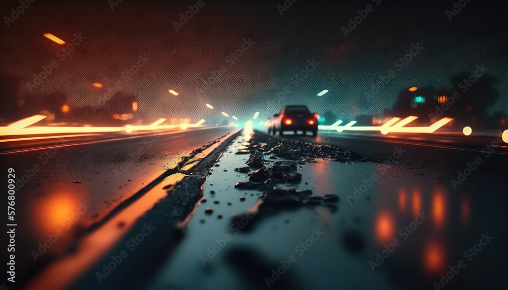  a blurry photo of a car driving down a street at night time with lights on the street and on the ro