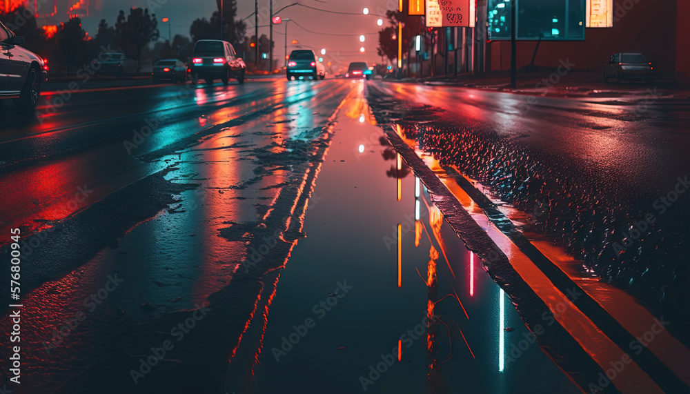  a city street with a puddle of water on the side of the road and cars on the street at night time, 