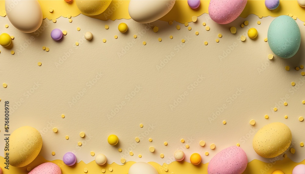  an overhead view of colorful easter eggs and confetti on a yellow background with a place for a tex