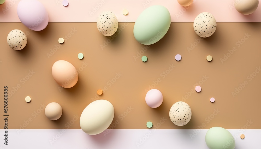  a group of eggs on a table with confetti around them and a pink background with a white border and 