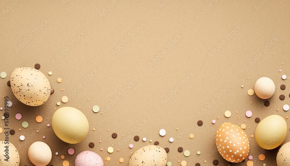  a group of eggs with confetti on a brown background with a white polka dot dot dot on the bottom of