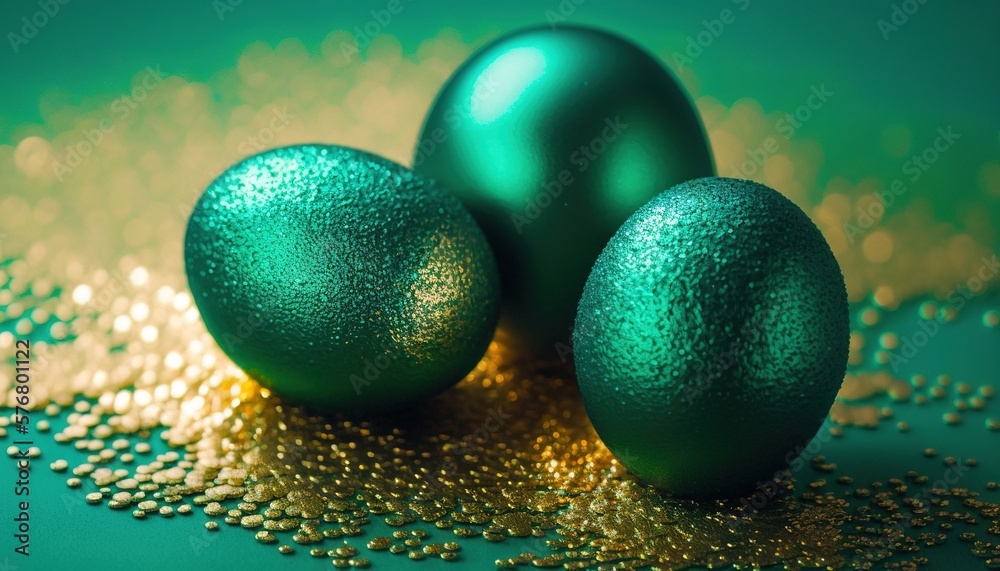  three shiny green eggs sitting on a green tablecloth with gold flecks on the ground and a green bac