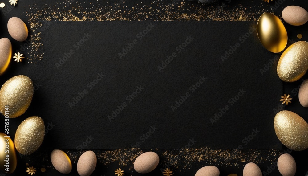  a black background with gold and white eggs and a black square with a gold border on the bottom of 