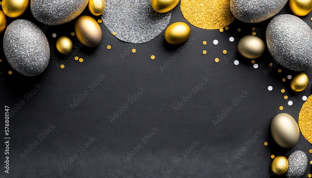  a black background with gold and silver ornaments and confetti on the bottom right corner of the im