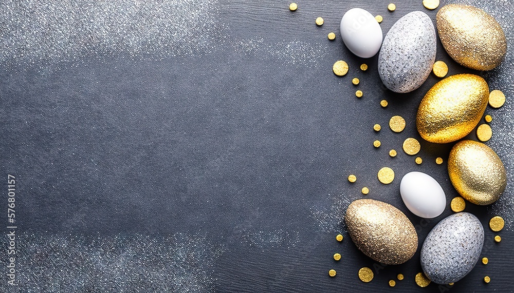  a group of gold and white eggs on a black surface with some gold flakes on the side of the egg and 