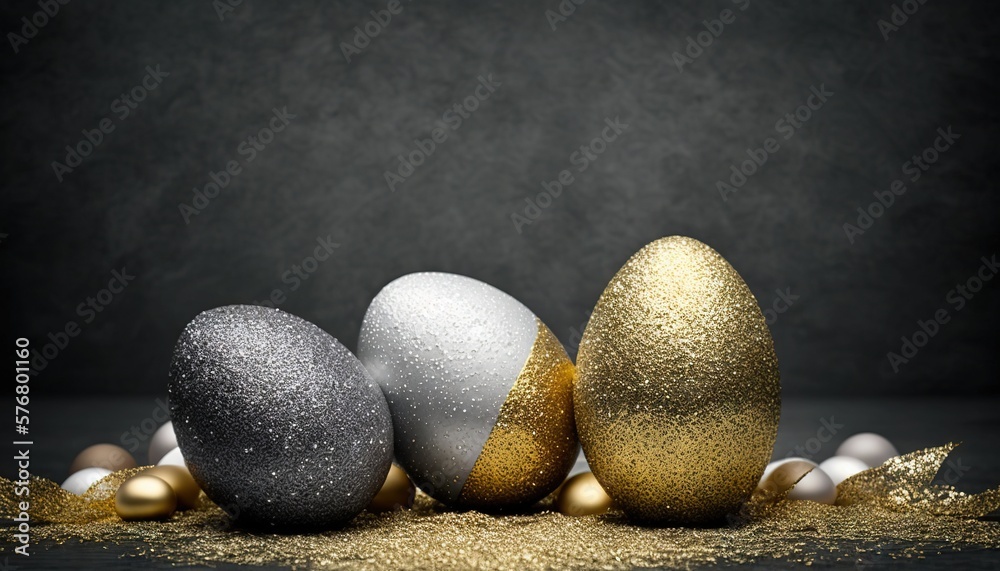  a group of three eggs sitting next to each other on top of a table with gold and silver decorations