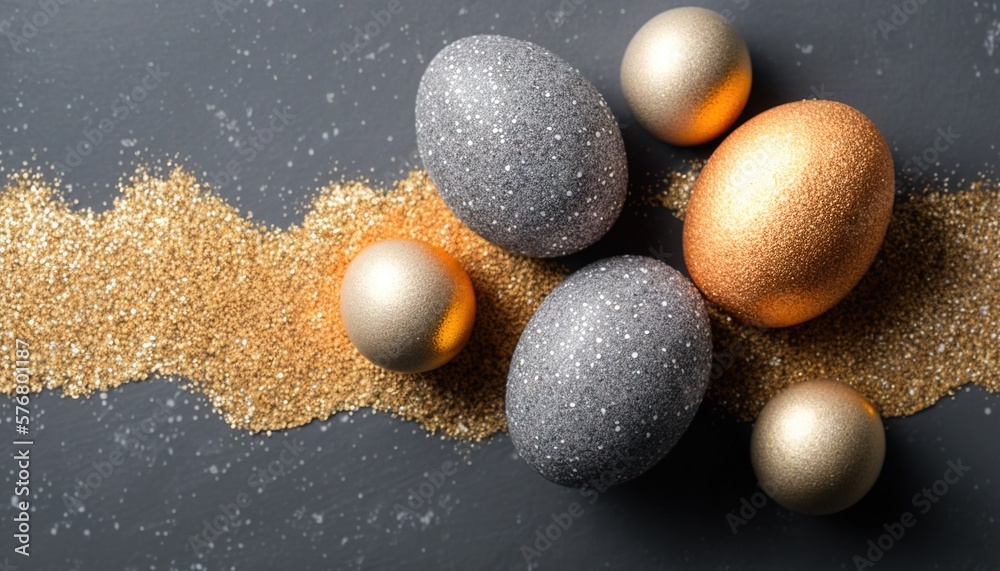  three different colored eggs sitting on top of a black surface next to a yellow and silver glitter 