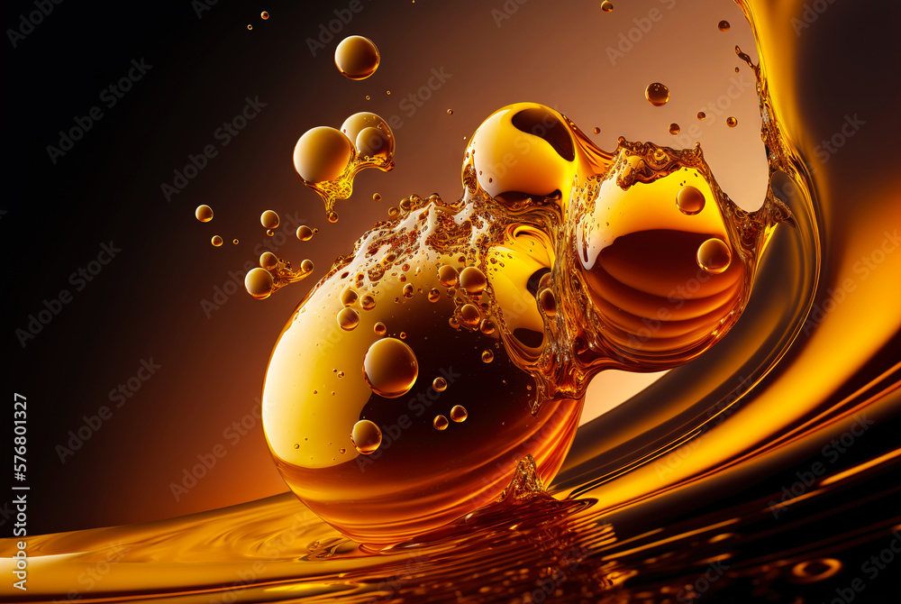 Golden bubbles of honey, oil, beer or juice. Macro of fluid flow. Generative AI