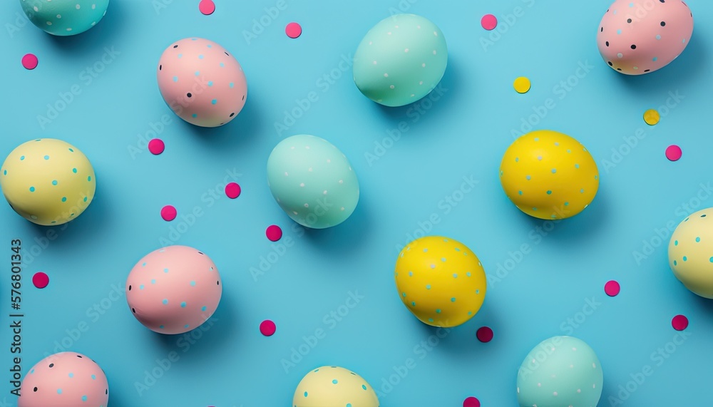  a group of colorful easter eggs on a blue surface with confetti scattered around them on a blue sur