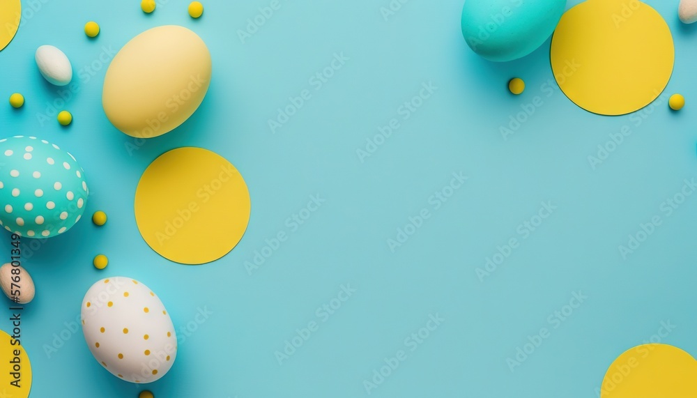  a blue and yellow background with eggs and confetti on the bottom of the image and on the bottom of