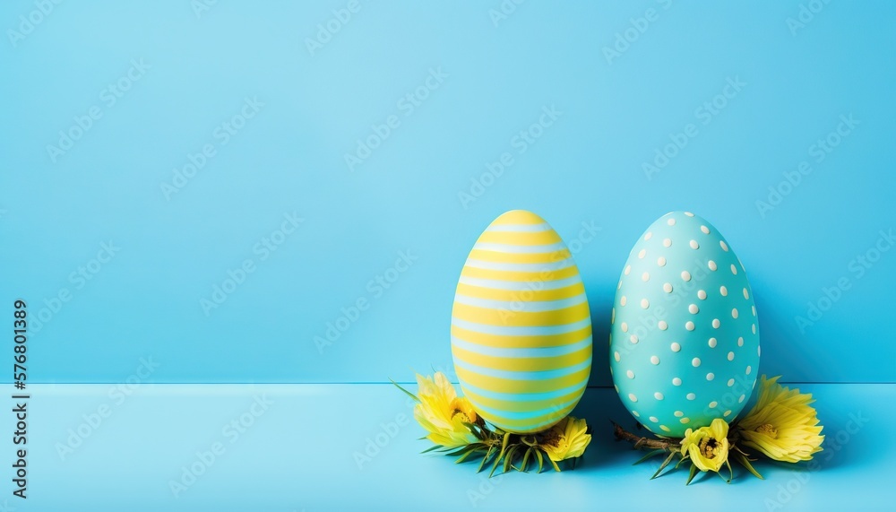  two easter eggs with yellow flowers on a blue background with copy - space for text or image or ima