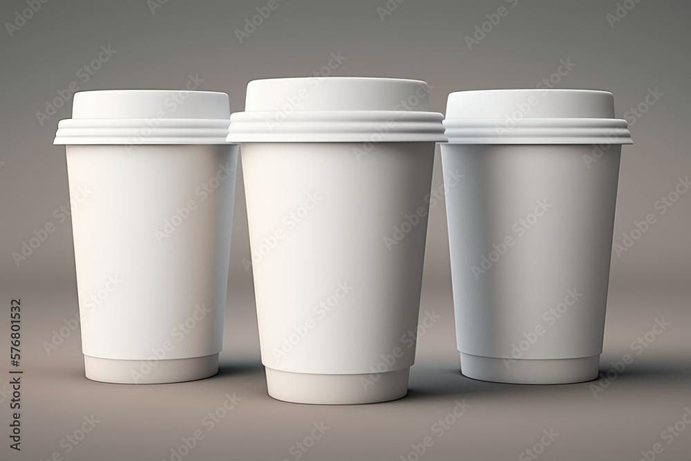 Three Cups of an 8 Ounce Paper Coffee Cup Mockup with Lid. Generative AI