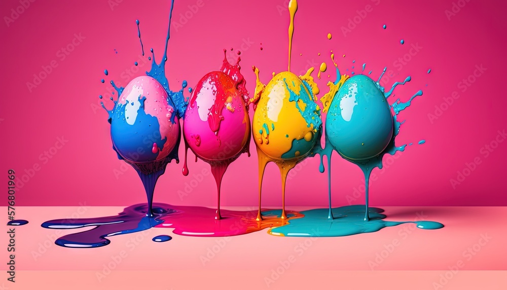  a group of colorful eggs sitting on top of a table next to a puddle of blue, pink, and yellow paint