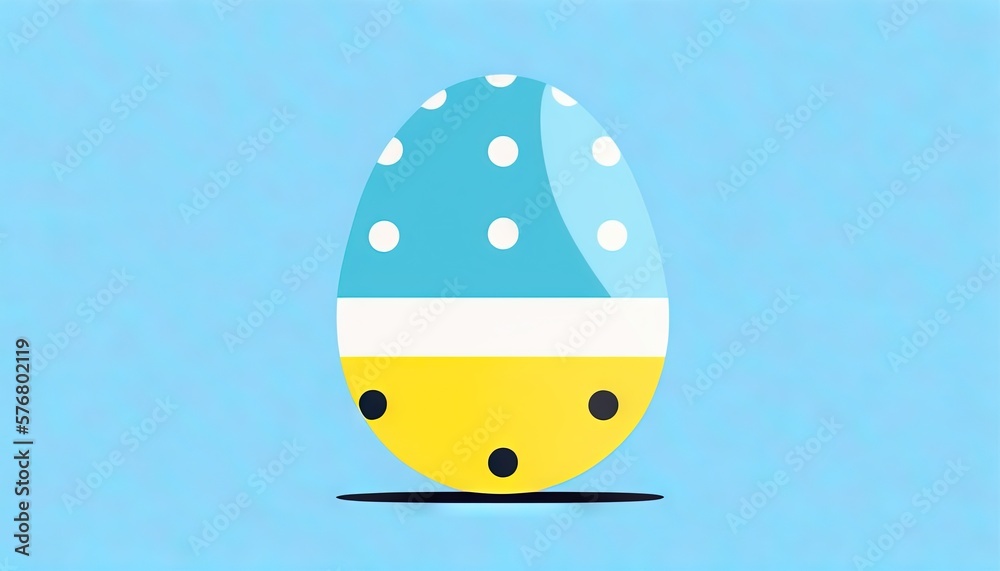  a blue and yellow egg with polka dots on its side, against a blue background, with a white spot on