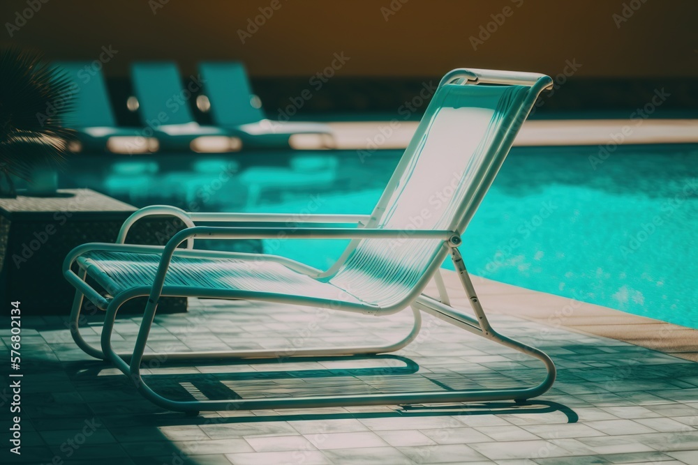  a lawn chair sitting next to a swimming pool with a sun shining on the chair and the pool in the ba