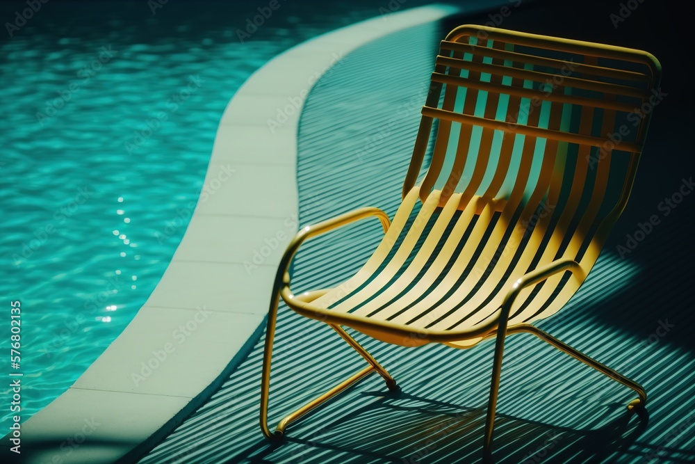  a chair sitting next to a swimming pool in the shade of a sunlit window with a shadow of the chair 