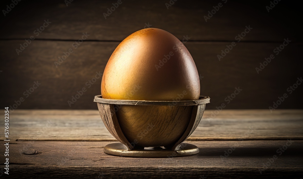  a golden egg in a wooden stand on a wooden table with a dark background and a wooden planked wall w