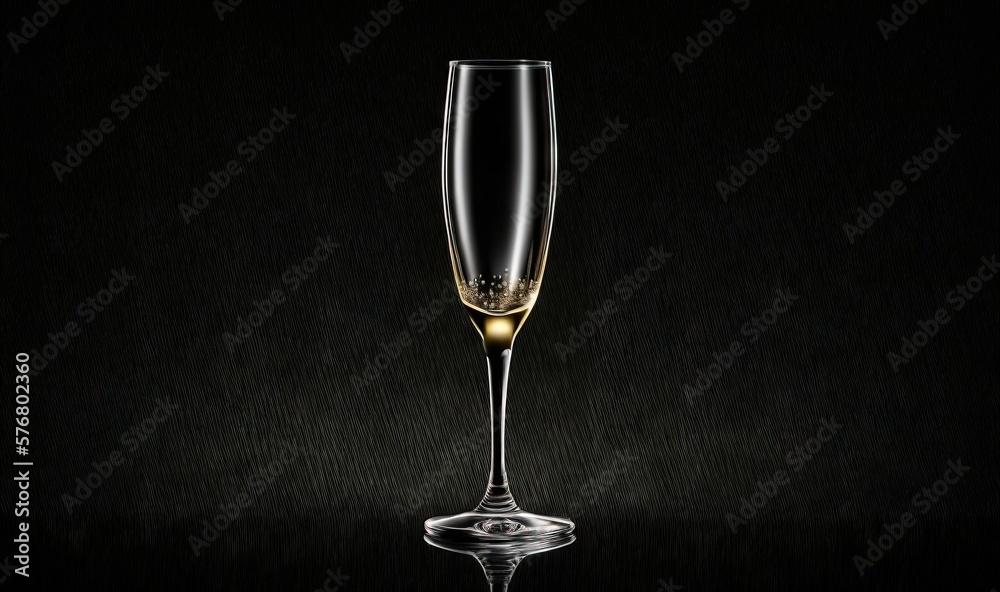  a glass of champagne on a black background with a reflection of the glass in the glass and the refl