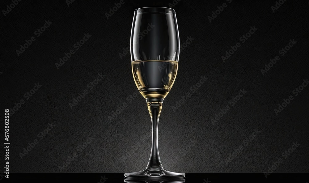  a glass of champagne on a black background with a reflection of the glass in the glass and a reflec